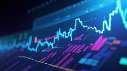 Futuristic digital financial analytics glowing blue pink lines background 