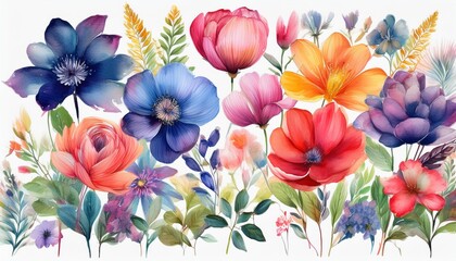 A variety of vibrant watercolor flowers arranged on a clean white background