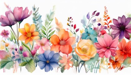 Fototapeta premium A variety of vibrant watercolor flowers arranged on a clean white background