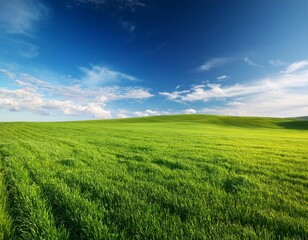 Fototapeta premium Green Field With Blue Sky Background - Serene Nature Landscape Photo