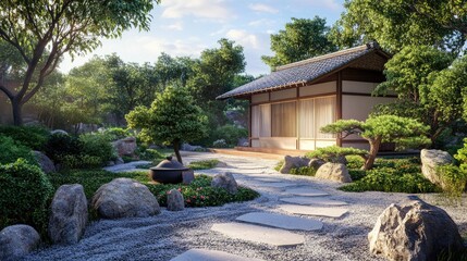 Fototapeta premium A serene Japanese backyard with a traditional tea house, bonsai trees, and a zen rock garden in anime style