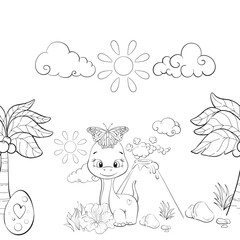 Vector seamless pattern - baby dinosaur with nature. Diplodocus Clipart for baby shower, nursery, decor, stickers, prints with historical animals. Jurassic period. Black silhouette for circuit