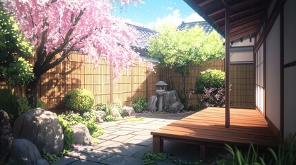 Fototapeta premium A traditional Japanese house's backyard featuring blooming sakura, a bamboo fence, and a small wooden deck in anime style