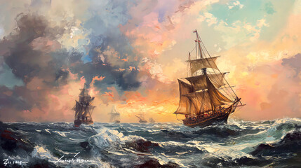  A digital oil painting of pirate ships sailing on the open sea, with dramatic clouds and setting sun in the background.