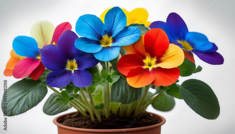 Wall mural A potted plant with five brightly colored flowers, featuring blue, red, yellow, and green