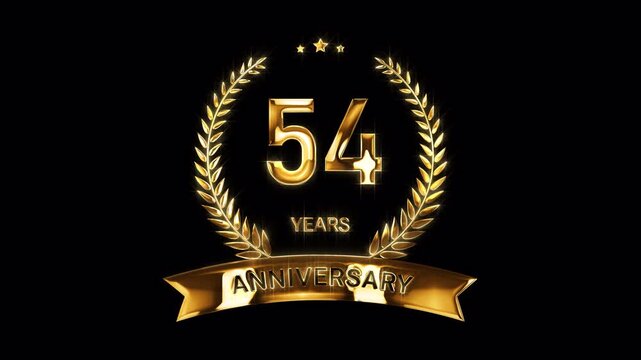54th Anniversary Celebration. Happy 54 Years Anniversary Animation in Gold Color on the Transparent Background, Alpha Channel. Great for greetings, celebrations, events, and gifts.
