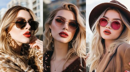 Three fashionable women in sunglasses and stylish outfits, posing together, showcasing confidence and contemporary style.