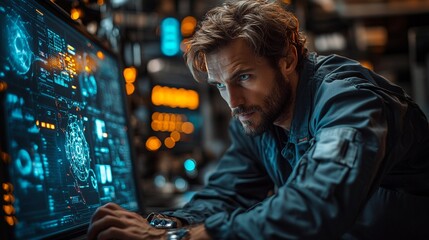 Fototapeta premium Engineer Controlling Welding Robots and Automation in Smart Factory, Ideal for Tech and Manufacturing Imagery, Generative AI