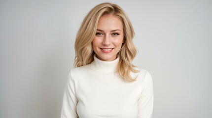 Happy woman in white turtleneck with blonde hair 
