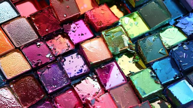 Closeup of vibrant paint chips in rainbow colors