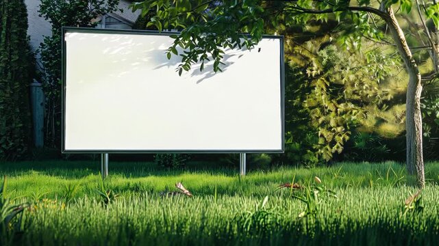 A blank billboard in a lush green park, suggesting an empty advertisement board waiting for content.