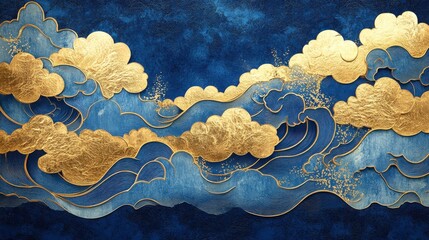 Ornamental golden cloud and blue wave pattern, rendered in an oriental style with inlay details and eccentric penmanship, showcasing biomorphic shapes and Shin Hanga-inspired artwork
