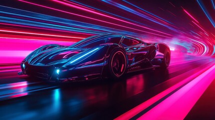 A futuristic sports car races down the neon highway of a nighttime city
