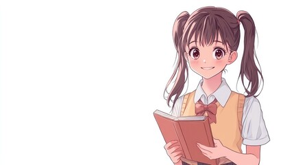 Anime-style cute woman with twin ponytails, a shy smile, and a school uniform, holding a notebook, isolated on white