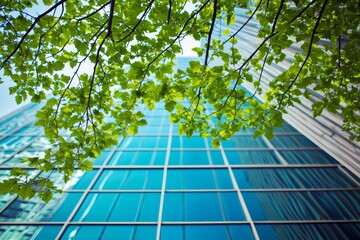 Eco-conscious glass office building featuring surrounding trees for CO2 reduction - environmental innovation - green construction - climate action