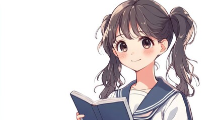 Anime-style cute woman with twin ponytails, a shy smile, and a school uniform, holding a notebook, isolated on white