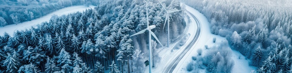 Aerial view of winter forest road with windmills in row and large turbines