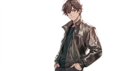 Fototapeta premium Cute anime man with a confident pose, short hair, and a leather jacket, standing with hands in pockets, isolated on white