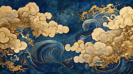 Richly decorated golden clouds and blue waves, featuring an oriental style with inlay work, eccentric penmanship, and biomorphic patterns, in the Shin Hanga tradition