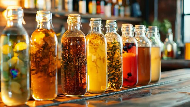 A selection of homemade beverages with fresh herbs and fruit