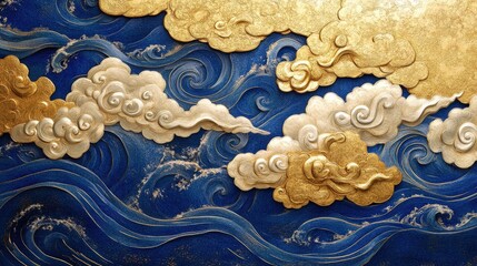 Golden cloud and blue wave decorations, intricately designed in an oriental style, featuring inlay techniques and eccentric penmanship, highly ornamented with biomorphic elements and Shin Hanga