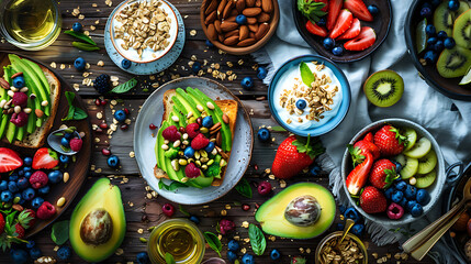 Fototapeta premium healthy food table top view featuring avocado toast, fresh fruits like strawberries and blueberries, bowls of yogurt with granola and nuts, directly above view, all arranged on a rustic wooden table.