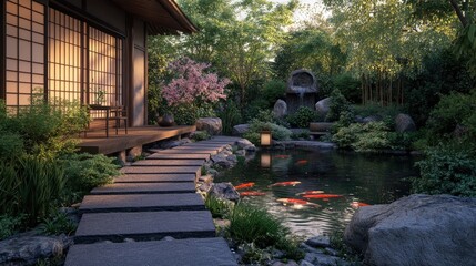 Japanese backyard in anime style with a tranquil koi pond, stone pathway, and a traditional tea house