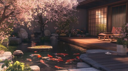 Japanese backyard with a wooden deck, cherry blossom trees, and a tranquil koi pond in anime style