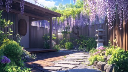 Fototapeta premium Japanese backyard with a wooden deck, wisteria vines, and a peaceful stone pathway in anime style