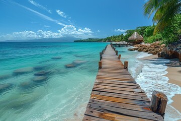 Fototapeta premium Tranquil wooden pier and picturesque shoreline at bayahibe beach in the dominican republic