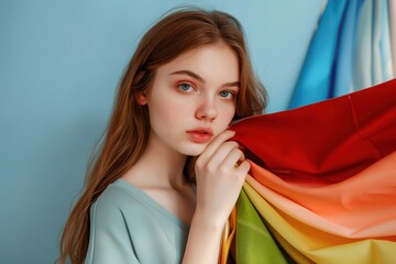 Personal stylist colorist, consultation on color type, young woman with fabric samples in different colors