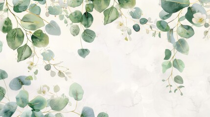 A background surrounded by green leaves. A blank background painting surrounded by green leaves is suitable for greeting card design.