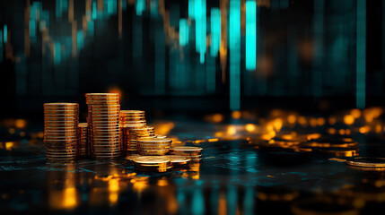 Obraz premium Golden coins stacked against a glowing blue background. ..