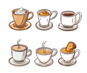 Obraz premium Illustrated Coffee Cups Collection - Whimsical Coffee Art for Cafes, Menus, and Blogs