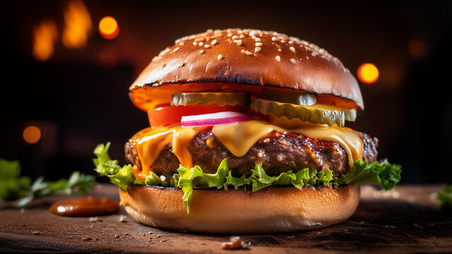 Juicy hamburger in the foreground, with cheese, pickles, lettuce, and tomato.