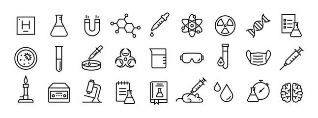 Science and lab line icon set. Editable stroke. Laboratory equipment icons. Simple outline symbols. Vector Illustration