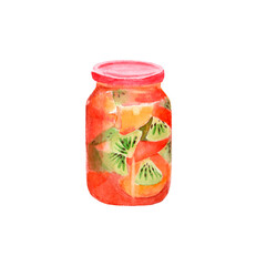 Jam. Confiture. Autumn jam. Orange. Kiwi, hand-painted in watercolors. Isolated on a white background. For kitchen design. Can be used for wallpaper, napkins, menus, planning notes, to-do lists.