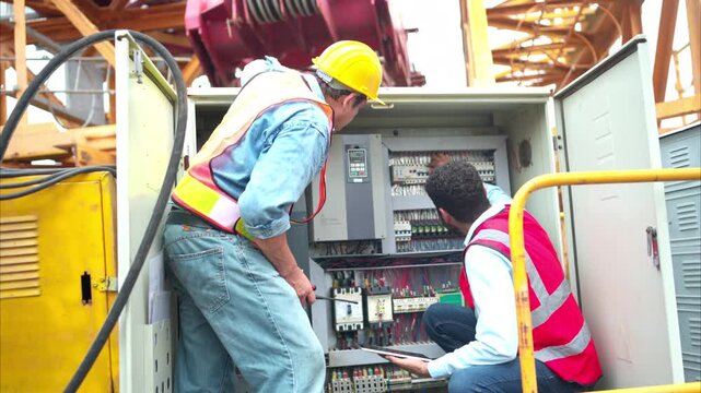 Bothe of electrical engineer inspects the electrical control board of a crane before putting it to use on a construction site
