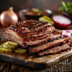 juicy texas bbq brisket sliced thick with smoky barbecue sauce, closeup of tender brisket served with pickles and onions, delicious texas bbq meal