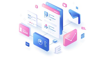 Minimalist White Background App Design with Floating Boxes in Blue and Pink