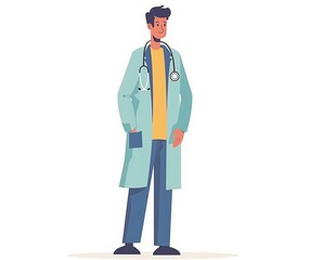 Cheerful Male Doctor Cartoon Illustration in Lab Coat with Stethoscope for Medical Content and Healthcare Education.