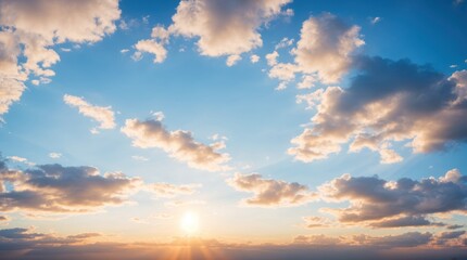 Obraz premium Setting sun's rays streaming through wispy clouds over a calm sky 