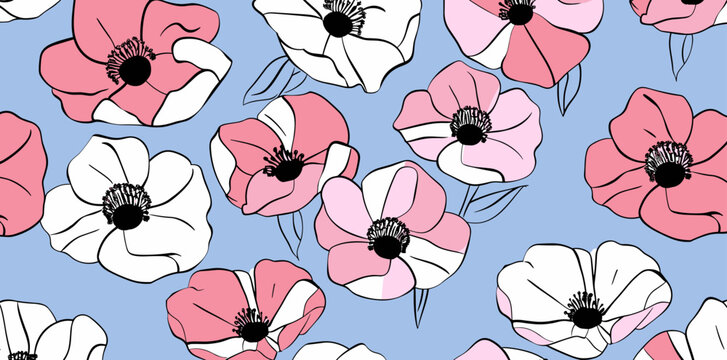 Seamless pattern with pink and white flowers on a light blue background The flowers are drawn in a simple cartoon style with black outlines The pattern is perfect for use in fashion home decor and oth