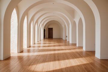 Soft sunlight filtering through decorative white arches onto wood floor 