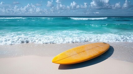 Surfboard on a sandy beach, ocean waves in the background