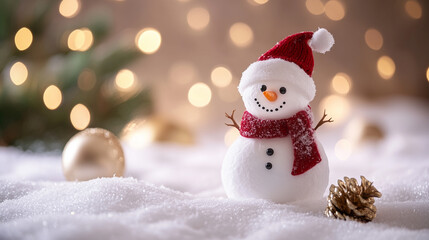 Fototapeta premium 小さいかわいい雪だるまをクリスマスコンセプトでクローズアップに描いたAI生成画像