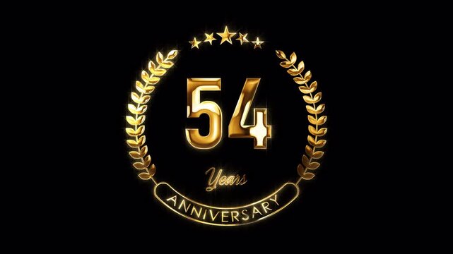 54th Anniversary Celebration. Happy 54 Years Anniversary Animation in Gold Color on the Transparent Background, Alpha Channel. Great for greetings, celebrations, events, and gifts.