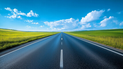高速道路ハイウェイの直線道路と雄大に広がる田園風景をリアルに描いたAI生成画像