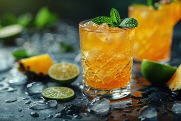 Refreshing pineapple lime mint cocktail in tall glass on concrete table   summer alcoholic drink