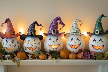A group of pumpkins decorated for Halloween, painted with spooky and funny faces, colorful and whimsical, gives a festive feel of Halloween.